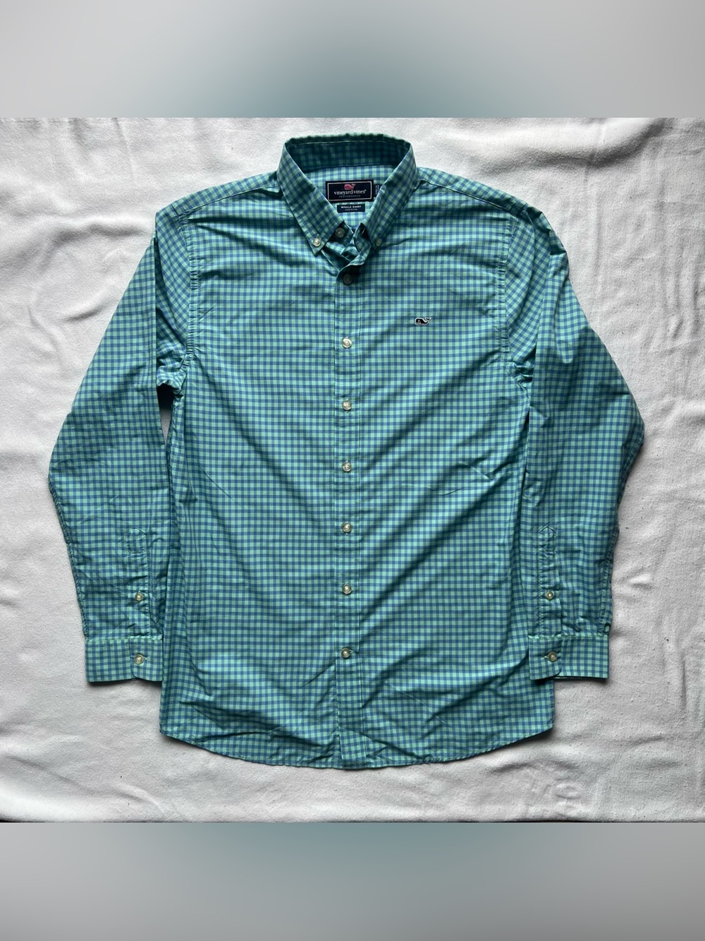 Vineyard Vines Performance Whale Gingham Button Down Shirt Blue Green Boys XL